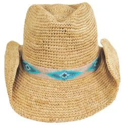 Nikki Beach Blue Jaye Crochet Raffia Straw Western Hat